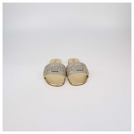 Pantofole D-Way piatte in tela dorata decorate con cristalli Christian Dior