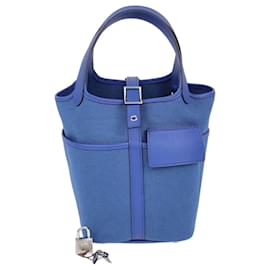 Bolsa Picotin Lock 18 em Tecido Cargo Geoland Azul Royal Swift & Azul Egee da Hermès