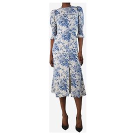 Reformation Midikleid mit weiß-blauem Blumenmuster - Größe UK 4