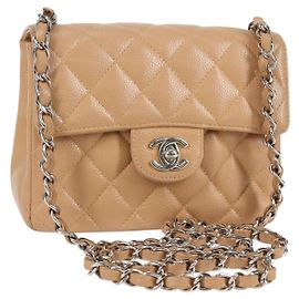 CHANEL Mini Matelassé 17 Borsa a Spalla con Catena Pelle Caviar Beige CC Auth 138560V