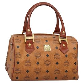 Borsa Boston MCM Logogram Vicetos in pelle PVC marrone e oro Auth BA4839