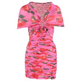 Rosa Polyamid Mini-Kleid mit floralem Druck und Raffung von Magda Butrym