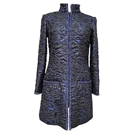Abrigo largo de jacquard de camelia negro marino metálico Chanel 16A París Roma FR 38