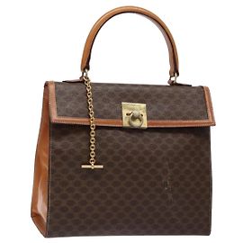 Céline Borsa a mano in tela Macadam CELINE in pelle PVC marrone e oro Auth gh737