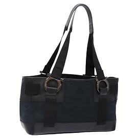 Borsa Tote Gancini in tela e pelle nera Salvatore Ferragamo Auth bs28920