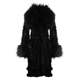Dolce & Gabbana Vestido negro de piel de cordero y piel de alpaca con cuello amplio y cinturón en la cintura