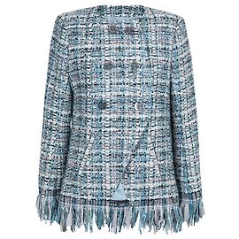 Chanel 17A Paris-Cosmopolite Blaue Fantasie Tweed-Fransenjacke FR 44