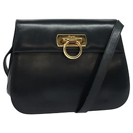 Salvatore Ferragamo Gancini Shoulder Bag Leather Navy Gold Auth bs28922