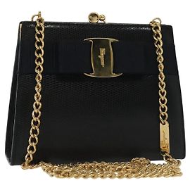 Borsa a Spalla Vala Chain in Pelle Blu Navy e Oro Auth gh620 di Salvatore Ferragamo