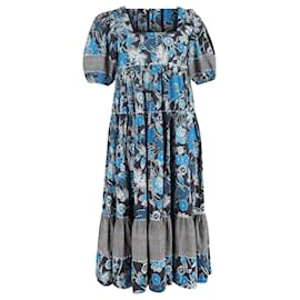 Vestido midi de capas con estampado floral Ulla Johnson Nora en algodón azul