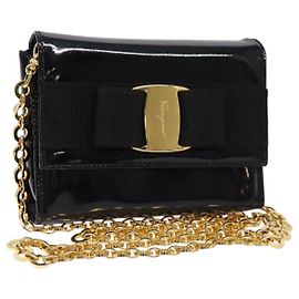 Borsa a Spalla con Catena Salvatore Ferragamo Smalto Nero Oro Auth gh509