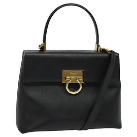 Salvatore Ferragamo Gancini Hand Bag Leather 2way Black Gold Auth BA5503
