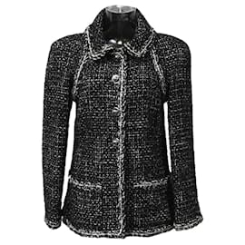 Chanel 17A Raumstation Schwarz Weiß Ecru Metallische Fantasie Tweedjacke FR 38