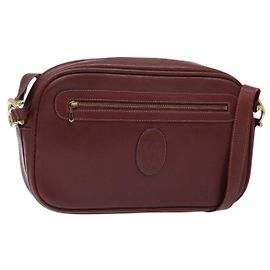 CARTIER Bolso de Hombro Must Line Cuero Burdeos Oro Auth gh535