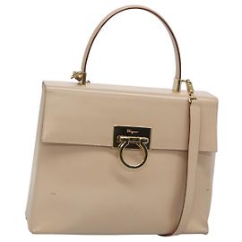 Borsa a mano in pelle Gancini Salvatore Ferragamo 2 in 1 Beige Oro Auth gh629
