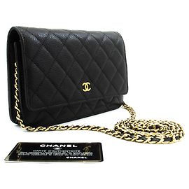 CHANEL Carteira de corrente em couro de bezerro texturizado preta