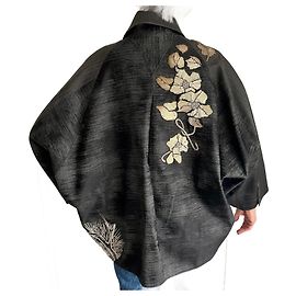 Kenzo Kimono Jacke aus Wolle Dunkelgrau Gold