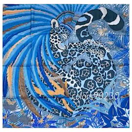 Hermès Carré 90 Jaguar Quetzal Seidentuch Blau