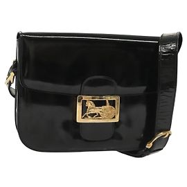 Borsa a Spalla CÉLINE Carrozza in Pelle Verniciata Nera Oro Auth 142247