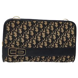Borsa Clutch in Tela Trotter Christian Dior Blu Oro Auth 140289