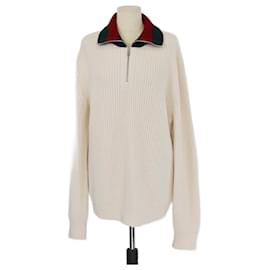Gucci Pullover aus geripptem Wollmaterial in Elfenbein mit Web-Kragen und halbem Reißverschluss sowie langen Ärmeln