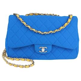Borsa Chanel Jumbo Classic Single Flap in jersey trapuntato perforato blu/giallo