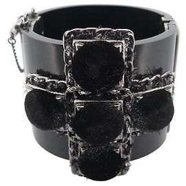 BRACELETE CHANEL MANCHETTE CRUZ METALIZADA VELUDO 17 CM PRETO