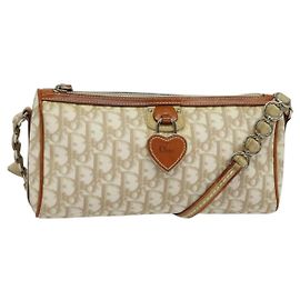 Bolsa de ombro romântica em lona Trotter Christian Dior PVC bege prata autêntica 142116