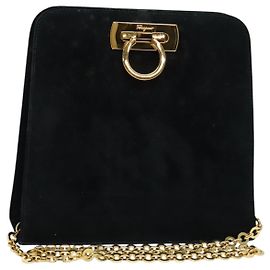 Borsa a spalla Gancini in suede nero e oro Salvatore Ferragamo Auth 140965
