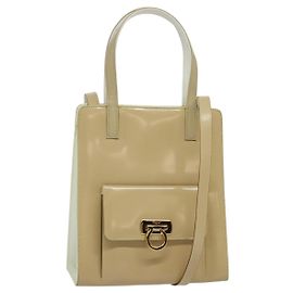 Borsa a Mano Gancini Salvatore Ferragamo in Pelle Verniciata 2 in 1 Beige Oro Auth BA5280