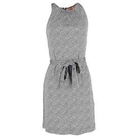 Vestido impreso con cinturón hasta la rodilla en seda negra Tory Burch