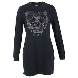 Vestido Mini de Algodón con Logo de Tigre Kenzo en Azul Marino