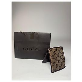 Cartera de cuero plegable vintage Gucci monograma beige marrón