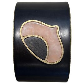 Bottega Veneta Bracciale Cuff Vintage - Metallo Dorato e Legno Intarsiato - Made in Italy