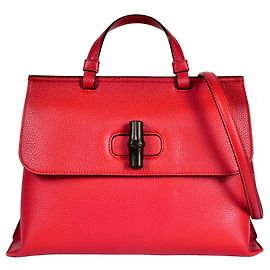 Borsa quotidiana Gucci in pelle rossa e bambù
