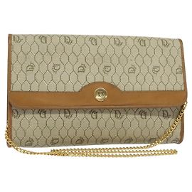 Christian Dior Honeycomb Canvas Chain Shoulder Bag PVC Beige Gold Auth BA5344