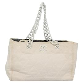 CHANEL Matelassierte Kette Schultertasche Stroh Weiß Gold CC Auth 142166