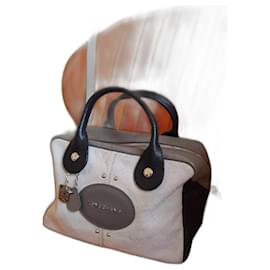 Borsa a mano Longchamp Quadri Tricolore in pelle Nero Taupe Panna