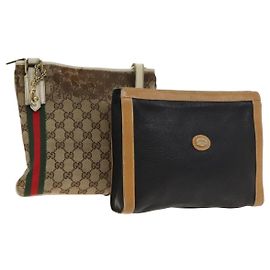 Borsa in tela GG Gucci linea Sherry in pelle 2 pezzi beige nera Auth 139097