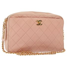 Borsa a spalla matelassé con catena CHANEL in pelle di agnello rosa oro CC Auth 140142