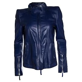 Giacca da motociclista in pelle blu Roberto Cavalli
