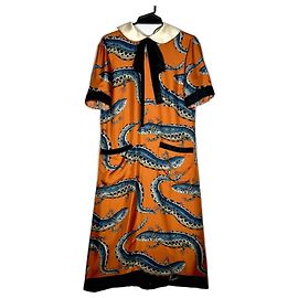 Gucci Vestido Animalium de Seda con Estampado de Salamandra Azul Bronce
