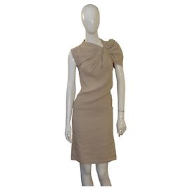LANVIN SOMMER 2010 Beigefarbenes Leinenmischung Faltenkleid mit Knotendetail an der Schulter 38