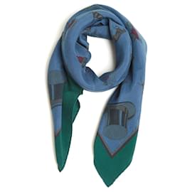 Hermès 1965 Quadrat-Schal 90 Les Fiacres Blau Dip Dyed Seidentwill Schal