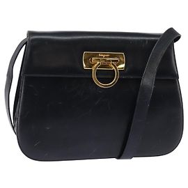 Borsa a mano in pelle Salvatore Ferragamo Gancini blu navy oro Auth 142667