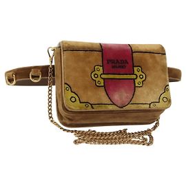 PRADA Bolso de Hombro Chain Kaye Terciopelo Beige Oro Auth 141360