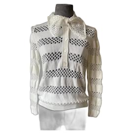 Blusa Dior Blanca de Algodón con Encaje y Lazo de Bufanda