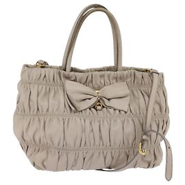 PRADA Bolsa de Mão Pregueada em Couro 2 em 1 Bege Dourado Auth BA5654