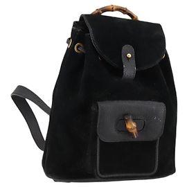 Mochila de camurça preta e dourada Gucci Bamboo 003 2058 0030 Auth ep10853