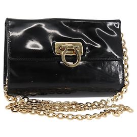 Borsa a Spalla Chain Gancini Salvatore Ferragamo Smalto Nero Oro Auth 142666